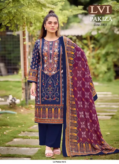 Lvi Pakiza Vol 1: Navy blue salwar suit featuring a printed kurti with thread work embellishments and a deep purple patterned dupatta.