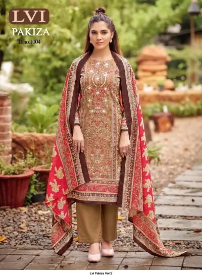 Lvi Pakiza Vol 1: Beige salwar suit with an all-over printed kurti, subtle thread work embroidery, and a bold red patterned dupatta.