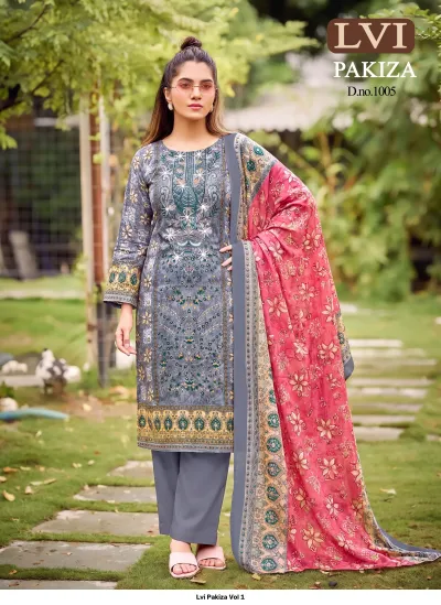 Lvi Pakiza Vol 1: Grey salwar suit featuring a floral-inspired printed kurti with thread work and a vibrant pink patterned dupatta.