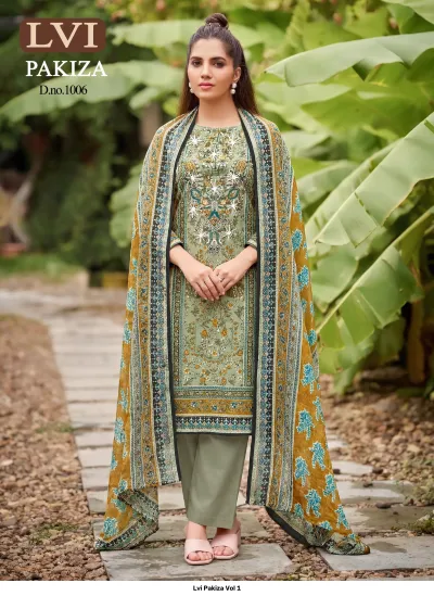 Lvi Pakiza Vol 1: Sage green salwar suit featuring a printed kurti with detailed thread work and an earth-toned patterned dupatta.