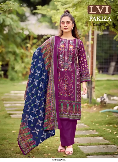 Lvi Pakiza Vol 1: Purple salwar suit featuring a printed kurti with thread work embroidery and a dark blue patterned dupatta.