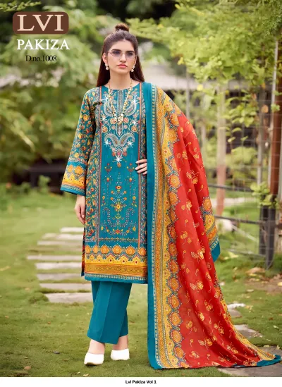 Lvi Pakiza Vol 1: Teal blue salwar suit featuring an intricate printed kurti with thread work and a striking red printed dupatta.