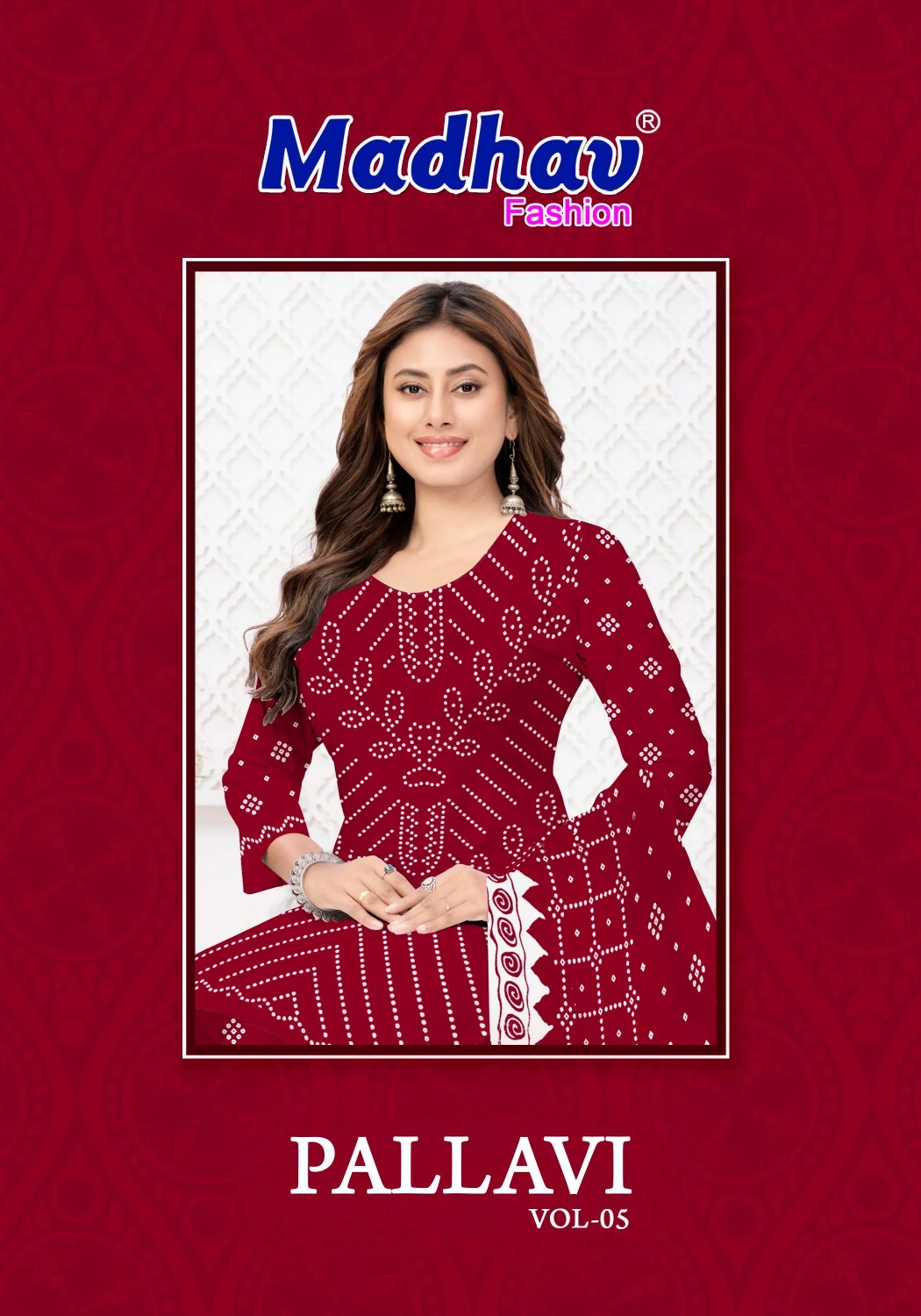 Madhav Pallavi Vol 5 catalog cover featuring a model in a red printed salwar suit with Bandhani-style patterns.
