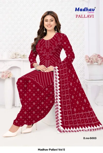Madhav Pallavi Vol 5 red salwar suit featuring white printed Bandhani patterns and a white patterned border on the dupatta.