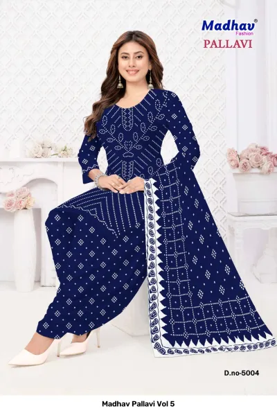 Madhav Pallavi Vol 5 deep blue salwar suit featuring white printed Bandhani patterns and a white patterned border on the dupatta.
