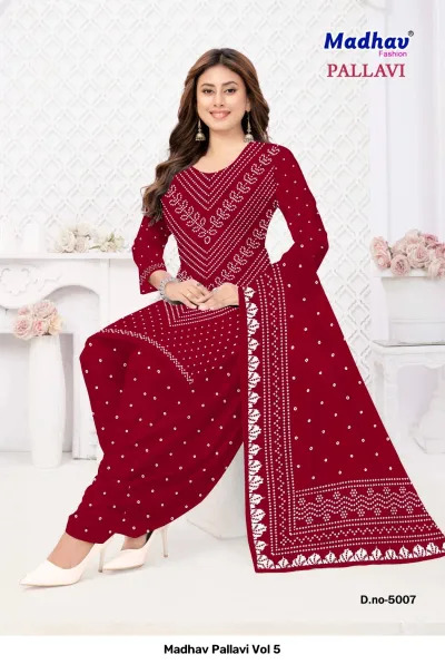 Madhav Pallavi Vol 5 red salwar suit featuring white geometric printed patterns and a white patterned border on the dupatta.