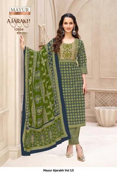 Mayur Ajarakh Vol 13, green and blue printed salwar suit featuring detailed block print work.