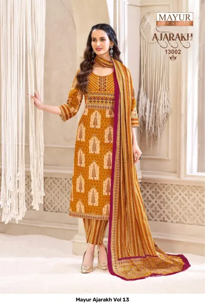 Mayur Ajarakh Vol 13, yellow and maroon printed salwar suit with striped and floral block prints.