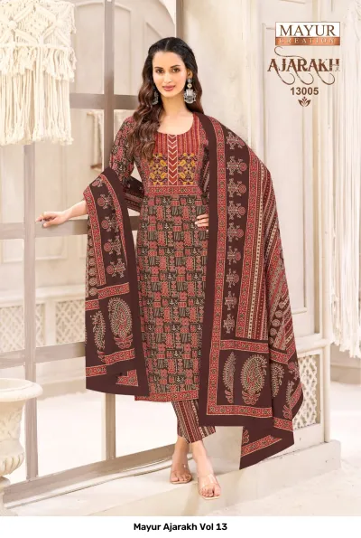 Mayur Ajarakh Vol 13, brown and red printed salwar suit with paisley and geometric block print.