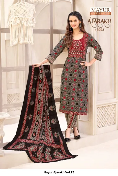 Mayur Ajarakh Vol 13, black and red printed salwar suit with symmetrical block print designs.