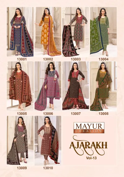 Mayur Ajarakh Vol 13, catalog collage displaying ten different printed salwar suit designs.