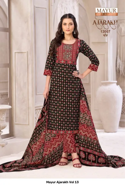 Mayur Ajarakh Vol 13, black and red salwar suit, printed fabric with geometric motifs.