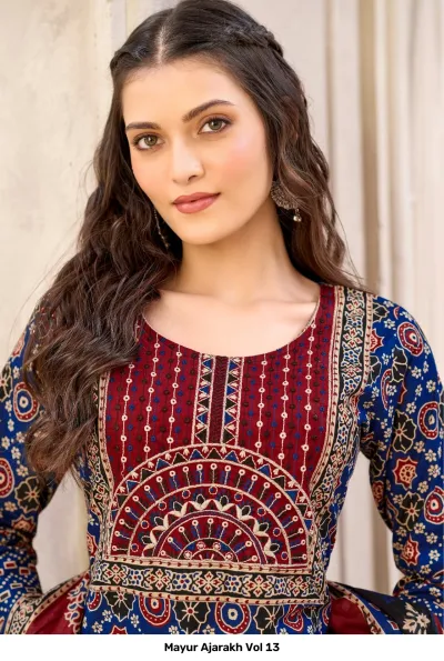 Mayur Ajarakh Vol 13, close up of a printed blue and maroon salwar suit with block print style.