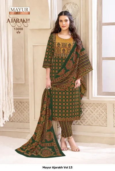 Mayur Ajarakh Vol 13, green and yellow printed salwar suit with block print design.