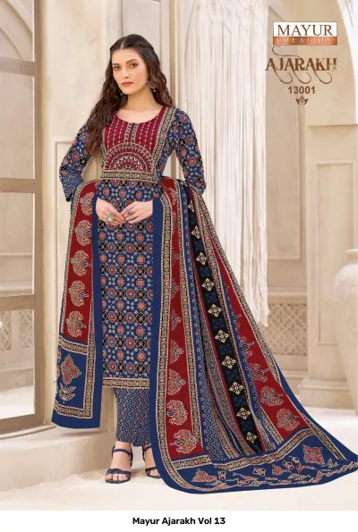 Mayur Ajarakh Vol 13, blue and maroon printed salwar suit with block print motifs.