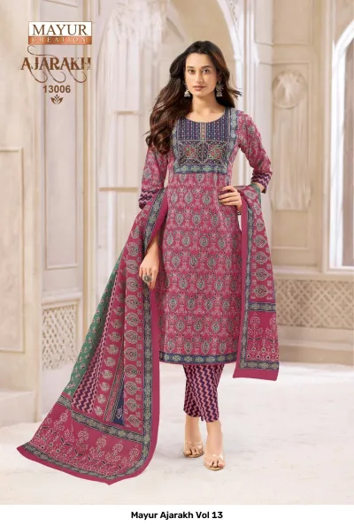 Mayur Ajarakh Vol 13, pink and green printed salwar suit with intricate block print patterns.