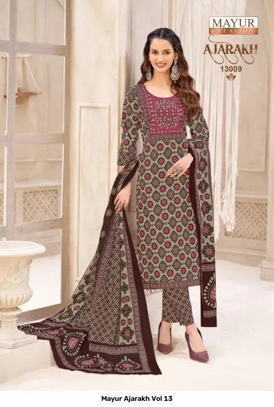 Mayur Ajarakh Vol 13, grey and maroon printed salwar suit with circular block print motifs.