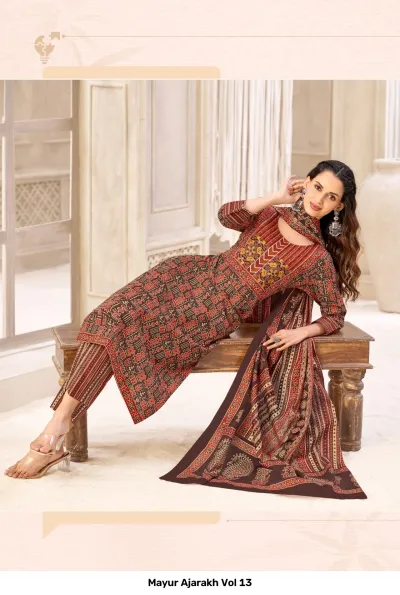 Mayur Ajarakh Vol 13, brown and red printed salwar suit with traditional geometric block print.