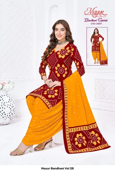 Mayur Bandhani Vol 28 maroon and yellow printed salwar suit with geometric bandhani-style patterns.