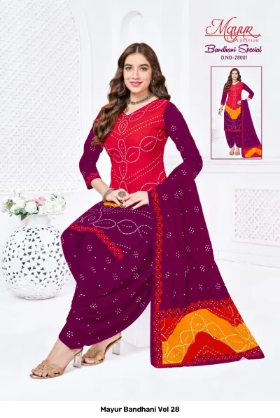 Mayur Bandhani Vol 28 red and purple printed salwar suit with traditional bandhani-style patterns.