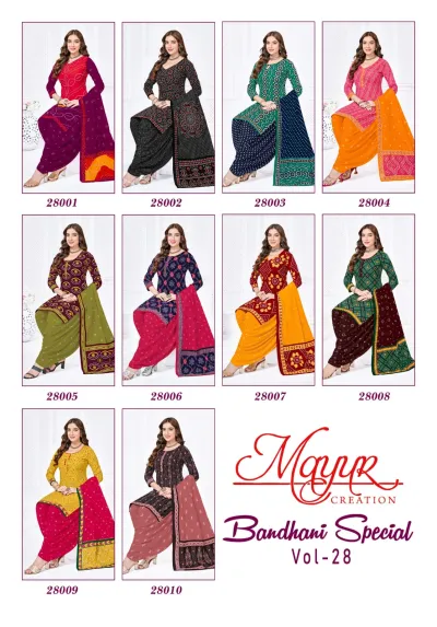 Mayur Bandhani Vol 28 collage page showing multiple printed salwar suit sets from the catalog.