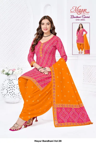 Mayur Bandhani Vol 28 pink and orange printed salwar suit with traditional patterns.
