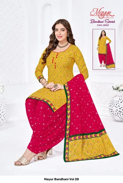 Mayur Bandhani Vol 28 yellow and pink printed salwar suit with decorative borders.