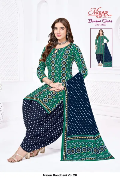 Mayur Bandhani Vol 28 green and navy blue printed salwar suit set with patterned dupatta.