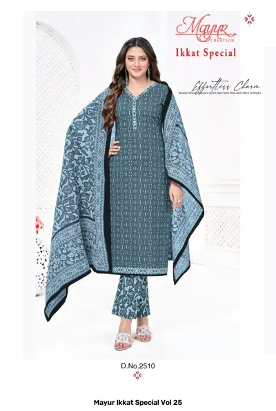 Mayur Ikkat Special Vol 25: Teal blue kurti and pants set with small white prints and floral patterned dupatta.