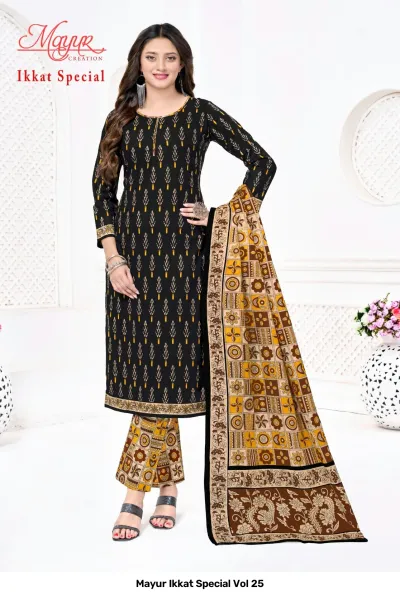 Mayur Ikkat Special Vol 25: Black kurti and pants set with geometric print detail and contrasting mustard yellow dupatta.