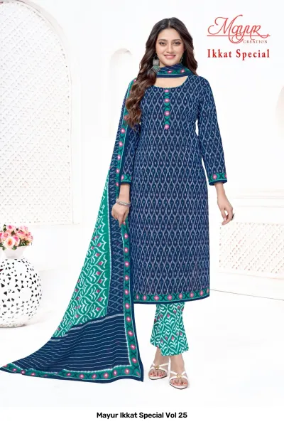 Mayur Ikkat Special Vol 25: Dark blue kurti and pants set with white ikkat print and teal patterned dupatta.