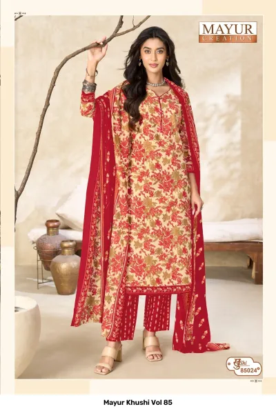 Mayur Khushi Vol 85 beige salwar suit with red floral prints, red printed pants, and a matching patterned dupatta.