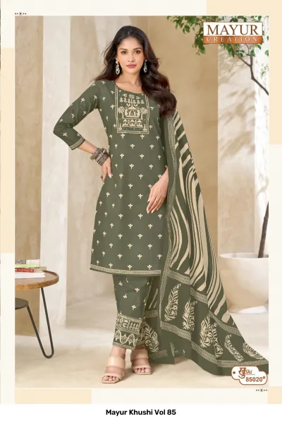 Mayur Khushi Vol 85 olive green salwar suit featuring a stylized embroidered yoke, floral motifs, printed pants, and a striped dupatta.