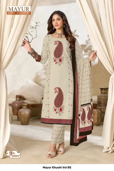 Mayur Khushi Vol 85 cream salwar suit with large red paisley prints, striped pants, and a matching red-trimmed dupatta.