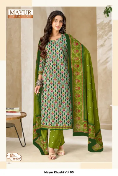 Mayur Khushi Vol 85 light green salwar suit with small red and green floral print, matching pants, and a patterned dupatta.