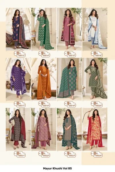 Mayur Khushi Vol 85 collage displaying 12 different salwar suit designs from the collection with their respective volume numbers.