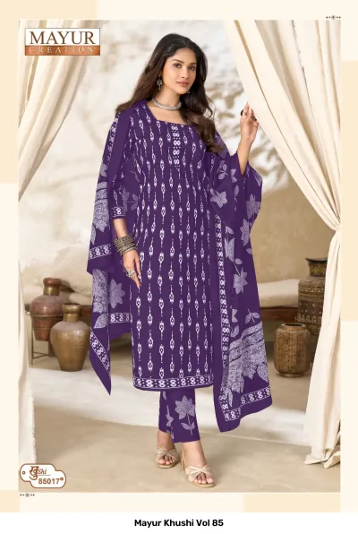 Mayur Khushi Vol 85 purple salwar suit featuring geometric white printed patterns with matching pants and a printed dupatta.