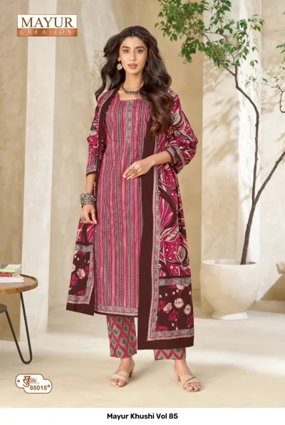 Mayur Khushi Vol 85 magenta and white striped kurti with a maroon overlay, geometric print pants, and a floral dupatta.
