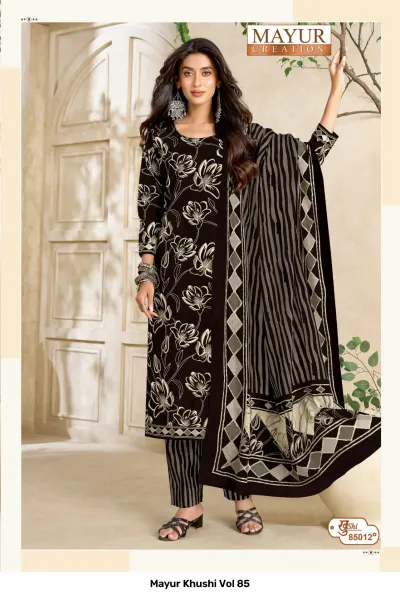 Mayur Khushi Vol 85 black salwar suit with large white floral prints, striped pants, and a vertically striped printed dupatta.