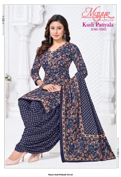 Mayur Kudi Patiyala Vol 12: Navy blue floral-printed salwar suit with a matching dupatta.