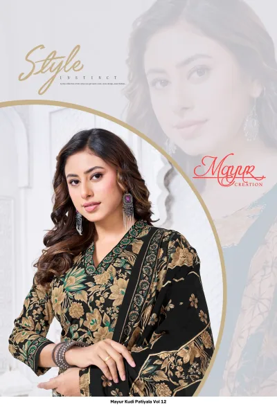 Mayur Kudi Patiyala Vol 12: Catalog promotional image featuring a model wearing a black and gold floral printed salwar suit.