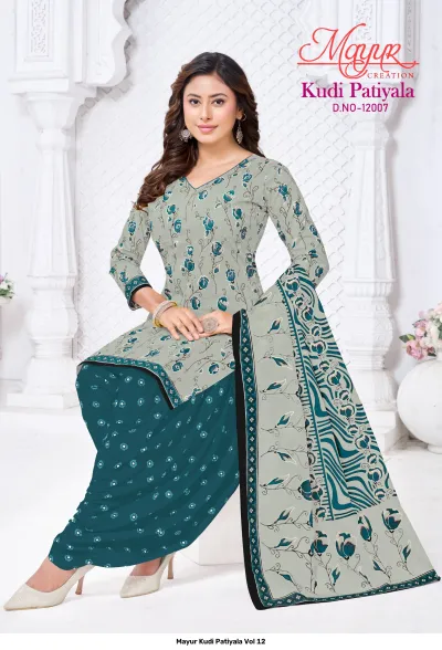 Mayur Kudi Patiyala Vol 12: Grey floral kurti paired with teal printed salwar and a matching printed dupatta.