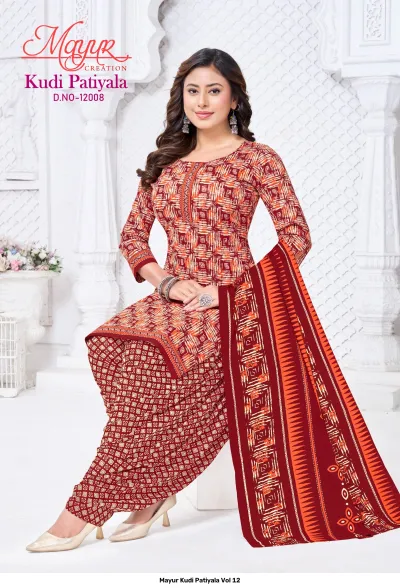 Mayur Kudi Patiyala Vol 12: Red and white geometric-printed salwar suit with a matching dupatta.