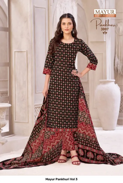 Mayur Pankhuri Vol 3, black salwar suit with small red floral print and a patterned dupatta with zigzag borders.