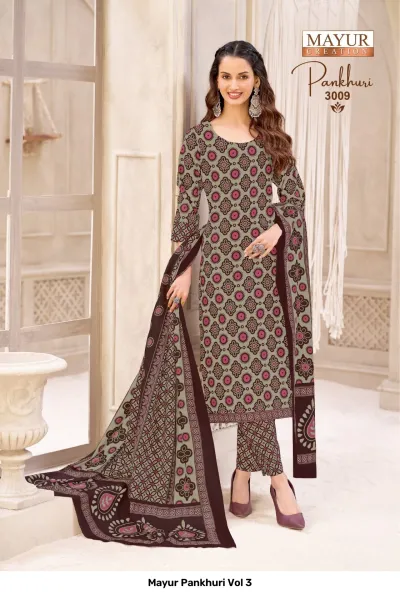 Mayur Pankhuri Vol 3, grey-green salwar suit with round floral patterns and a contrast dark brown printed dupatta.