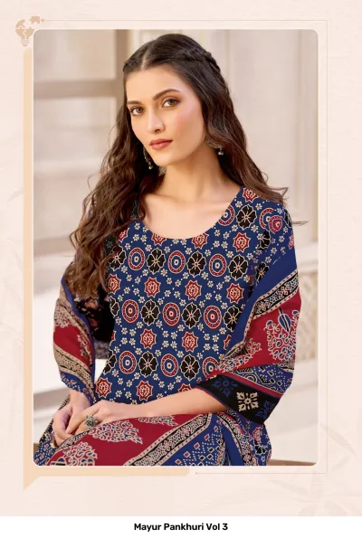 Mayur Pankhuri Vol 3, close-up of model wearing a blue printed salwar suit with floral and geometric motifs.