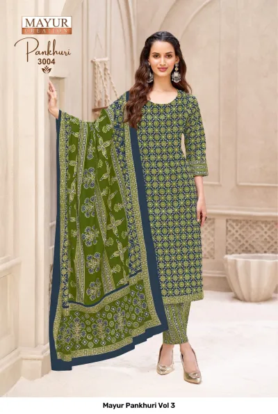 Mayur Pankhuri Vol 3, olive green salwar suit with small floral print and matching dupatta with block print border.