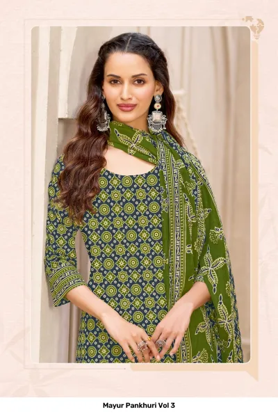 Mayur Pankhuri Vol 3, close-up of model in olive green printed salwar suit featuring small geometric floral patterns.