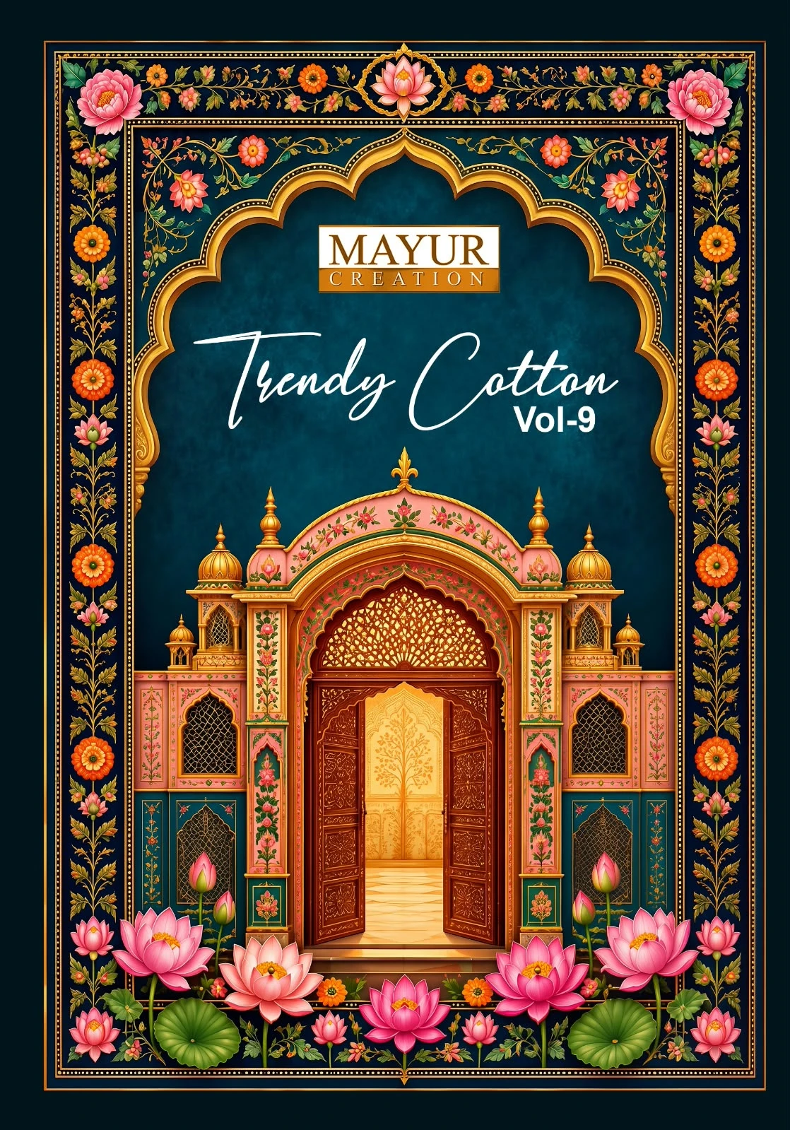 Mayur Trendy Cotton Vol 9 catalog cover featuring an ornate archway, floral border, and lotus flower illustrations.
