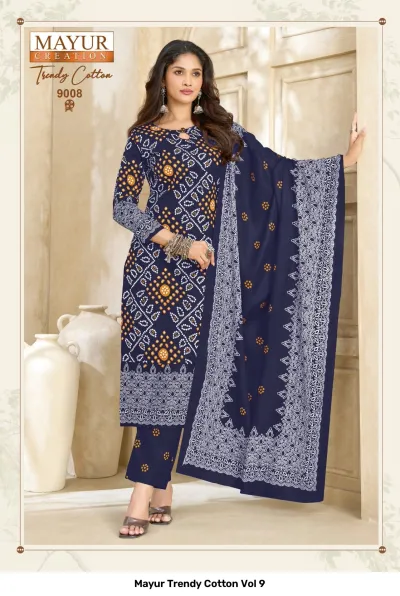 Mayur Trendy Cotton Vol 9 navy blue salwar suit featuring a traditional bandhani-style white and yellow print.
